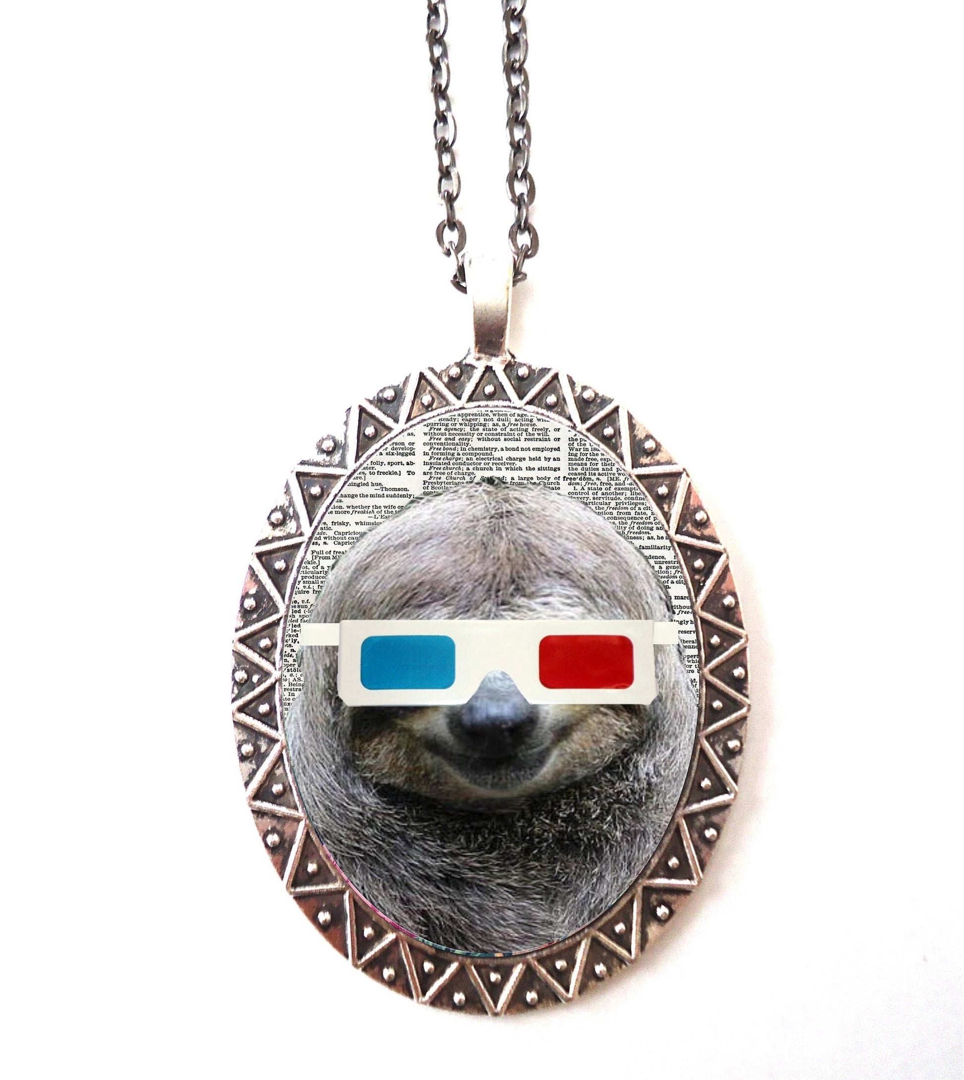 Sloth 3D Glasses Necklace Pendant Silver Tone - Animal Pop Art Anthropomorphic Quirky