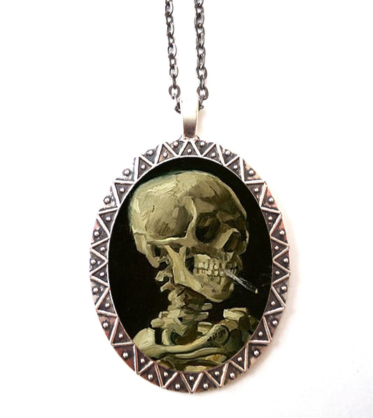 Smoker Skull Necklace Pendant Silver Tone - Vincent Van Gogh Smoking Skeleton Goth Gothic Dark Art