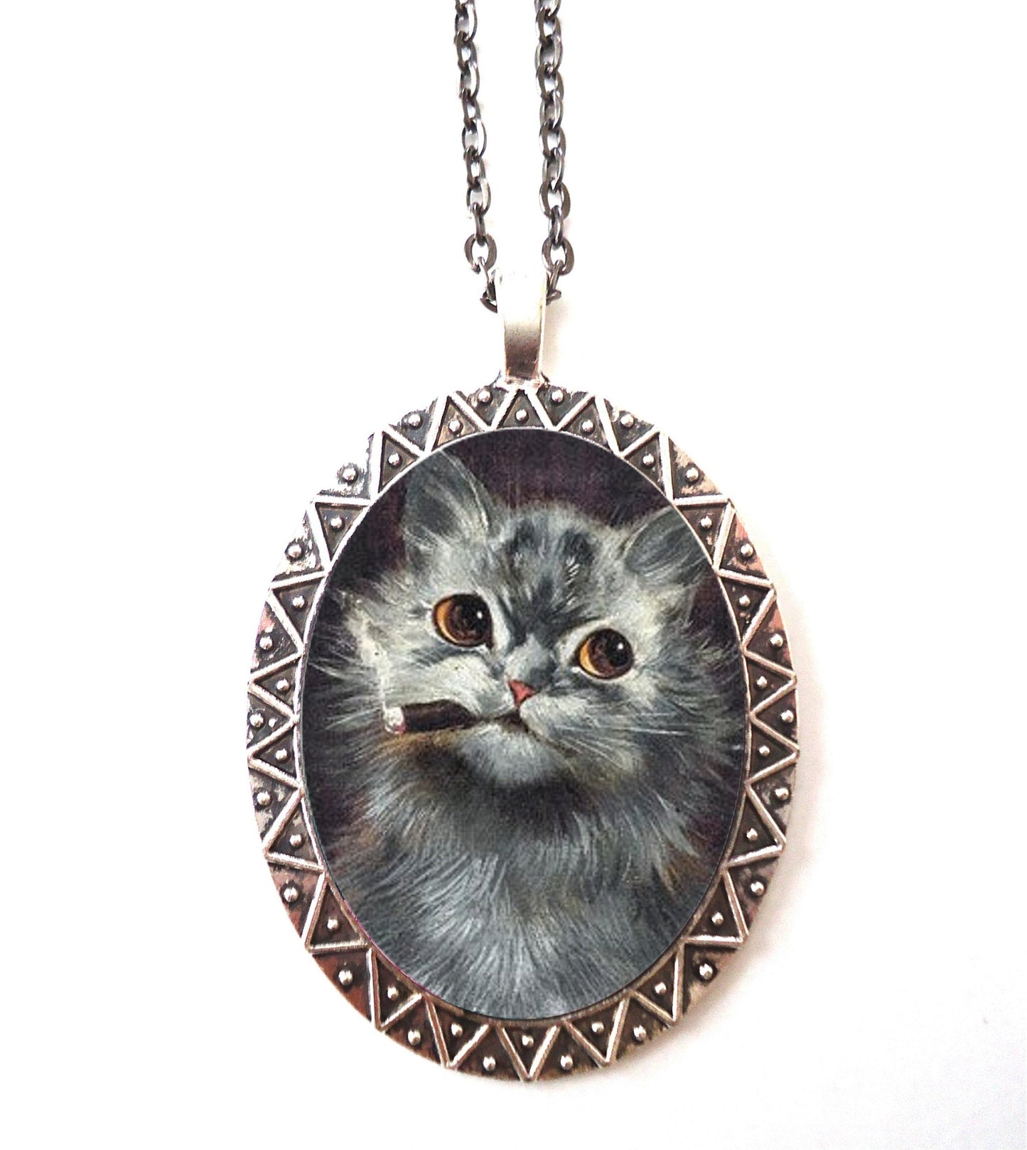 Smoking Cat Necklace Pendant Silver Tone - Smoker Cats Illustration