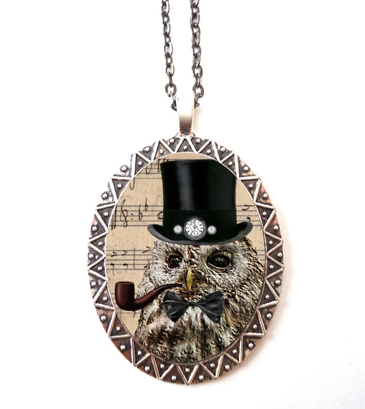 Victorian Steampunk Owl Necklace Pendant Silver Tone - Altered Art Anthropomorphic Animal Pop Art