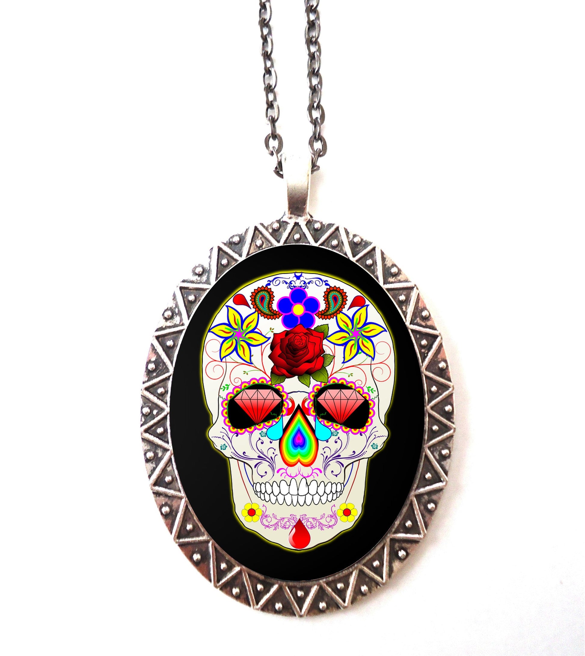 Sugar Skull Necklace Pendant Silver Tone - Dia De Los Muertos Day of the Dead Skeleton Mexican Holiday Goth