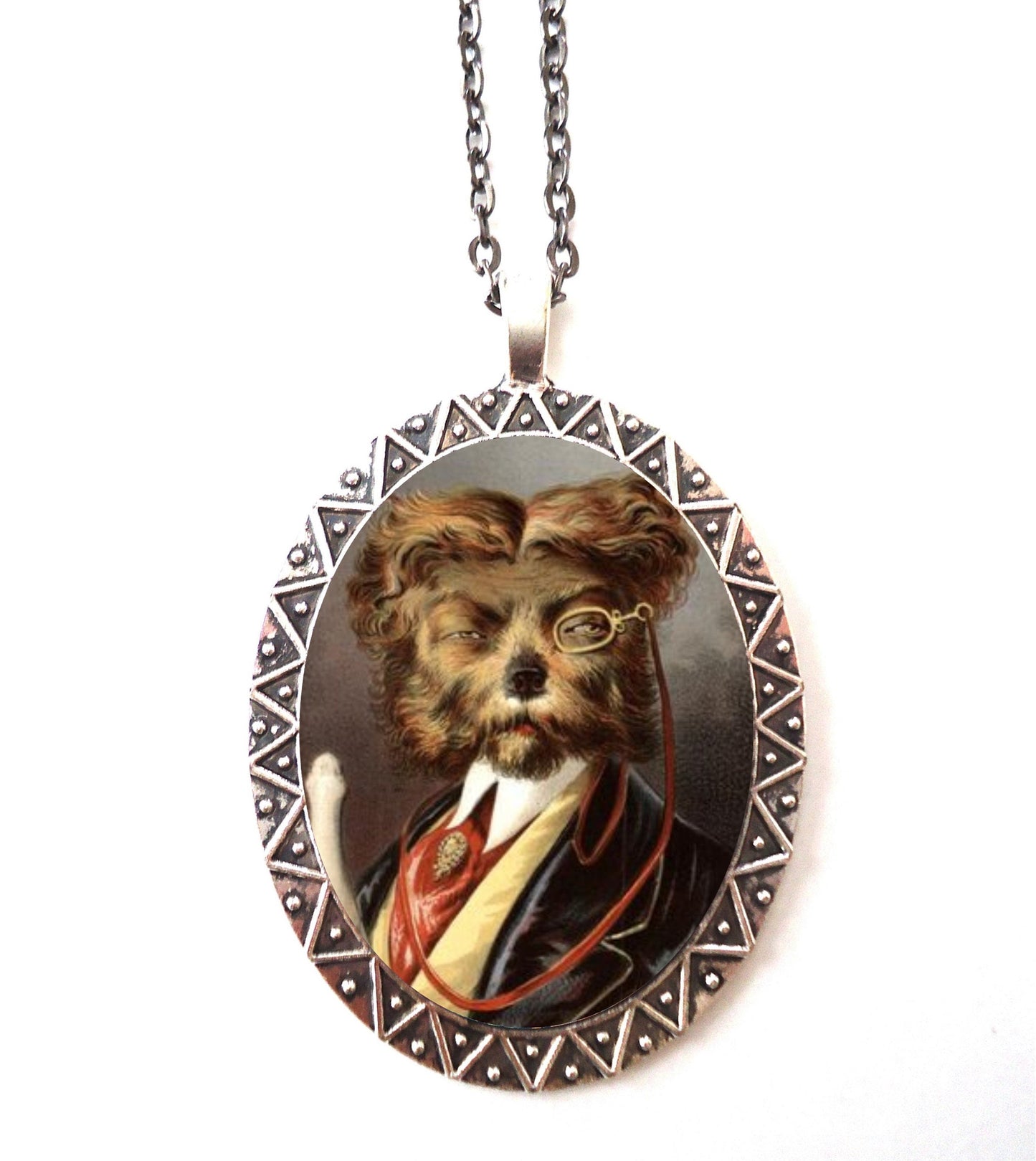 Victorian Dog Man Necklace Pendant Silver Tone - Anthropomorphic Animal Pop Art