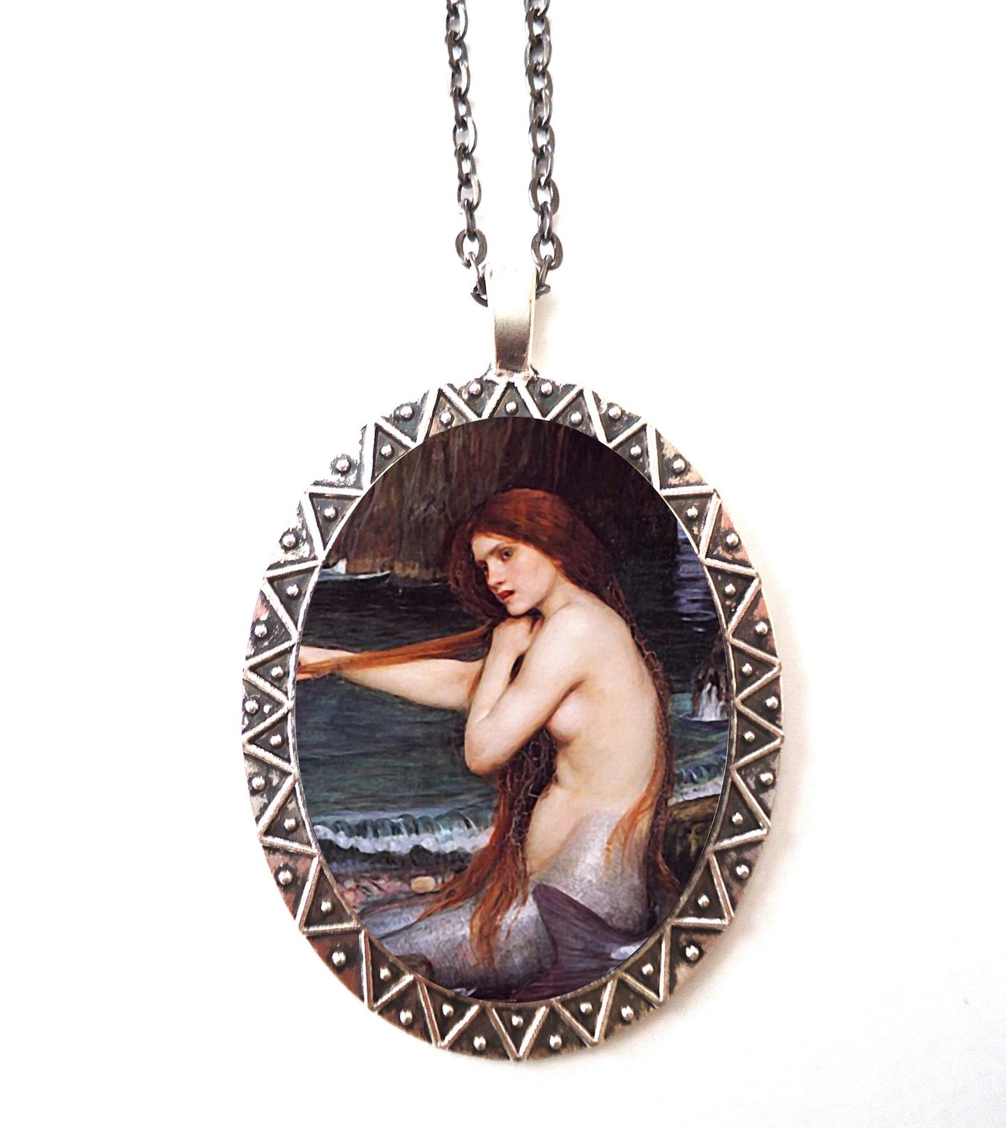 John William Waterhouse Necklace Pendant Silver Tone - Mermaid Mermaids Siren Nautical Fine Art