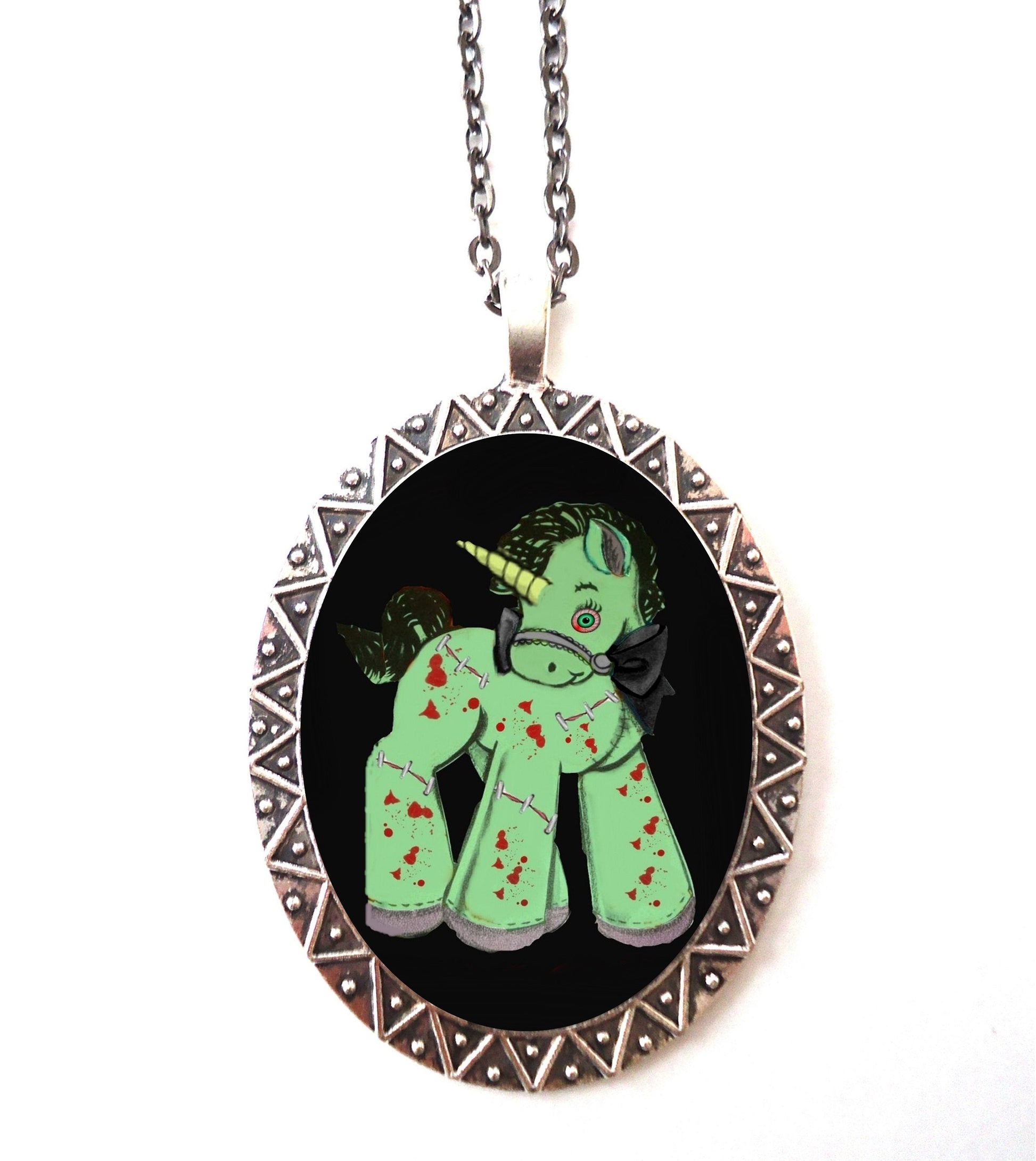 Zombie Unicorn Necklace Pendant Silver Tone - Goth Horror Dark Art Gothic Kawaii Kitsch Quirky