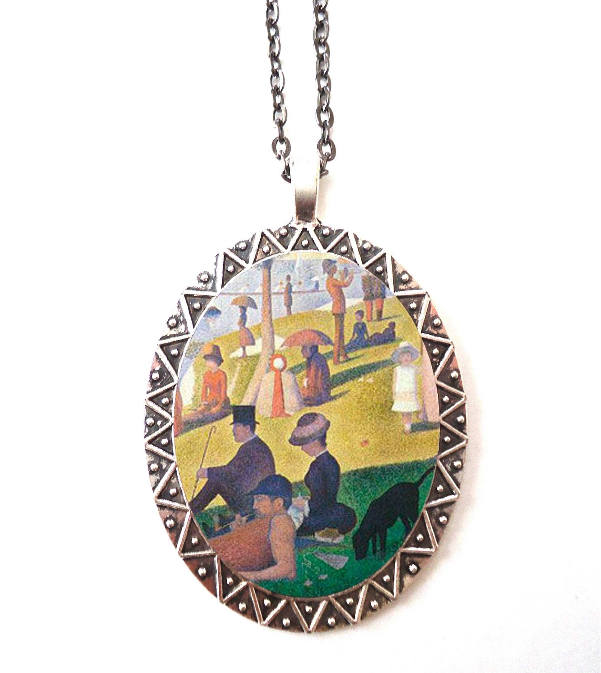 A Sunday on La Grande Jatte Necklace Pendant Silver Tone - Georges Seurat Fine Art Painting