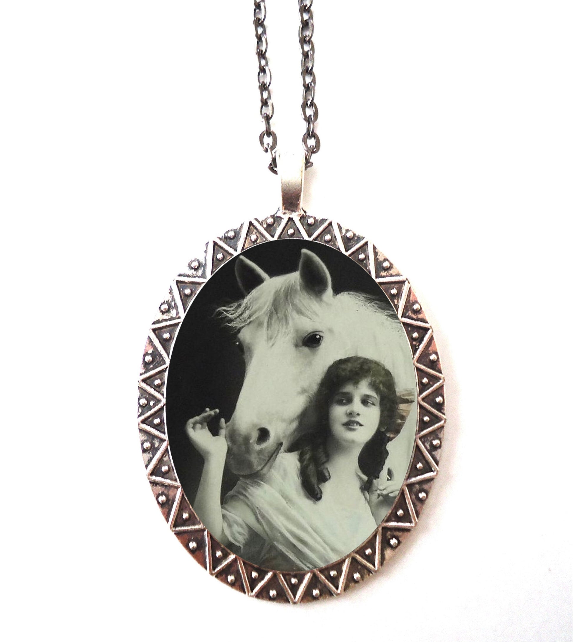 Art Nouveau Horse Woman Necklace Pendant Silver Tone - Edwardian Equestrian Equine White Horses