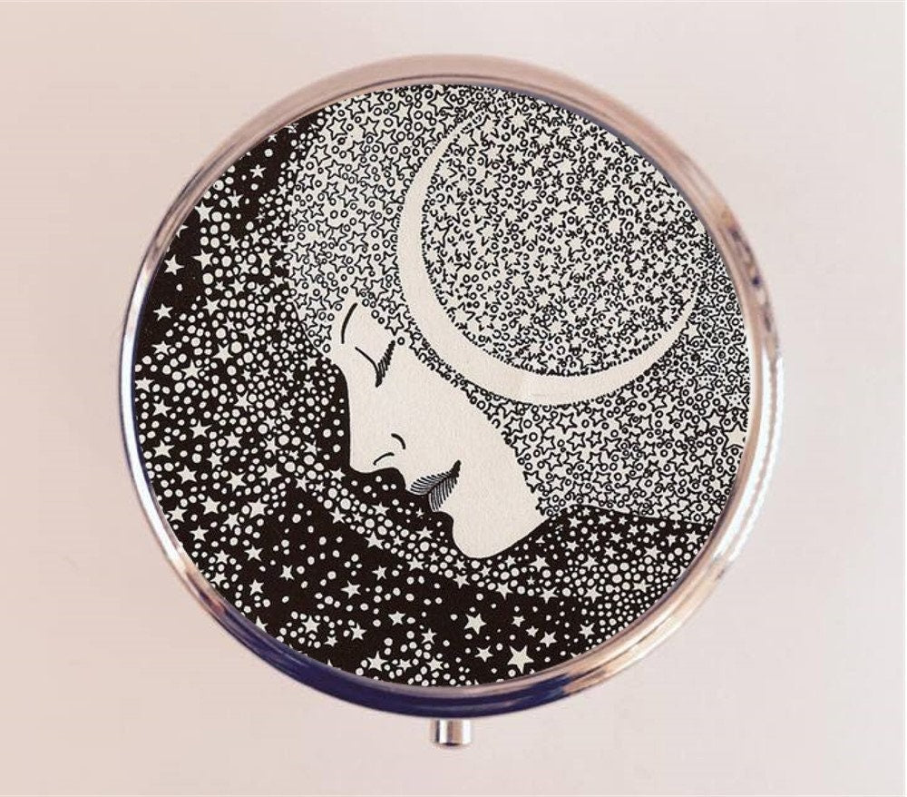 Moon Woman Pill Box Case Pillbox Holder Stash Trinket Box Lunar Celestial Crescent Stars Vintage Art