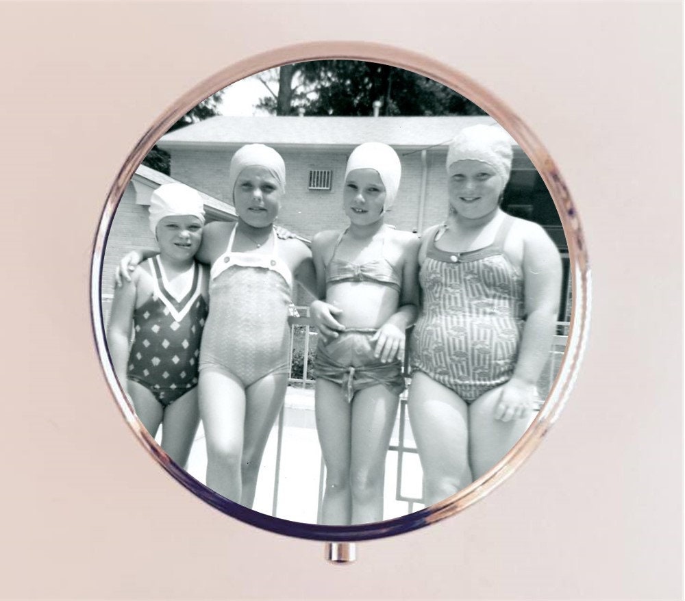 Retro Photo Girls Swimming Pill Box Case Pillbox Holder Trinket Box Best Friends Swimmers Summer Friendship