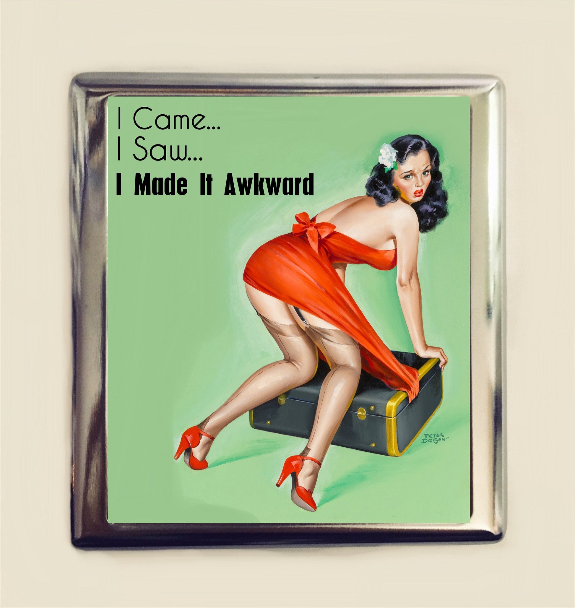 I Came I Saw I Made It Awkward Cigarette Case Business Card ID Holder Pinup Girl Pin Up Funny Social Anxiety Anxious Introvert Klutzy