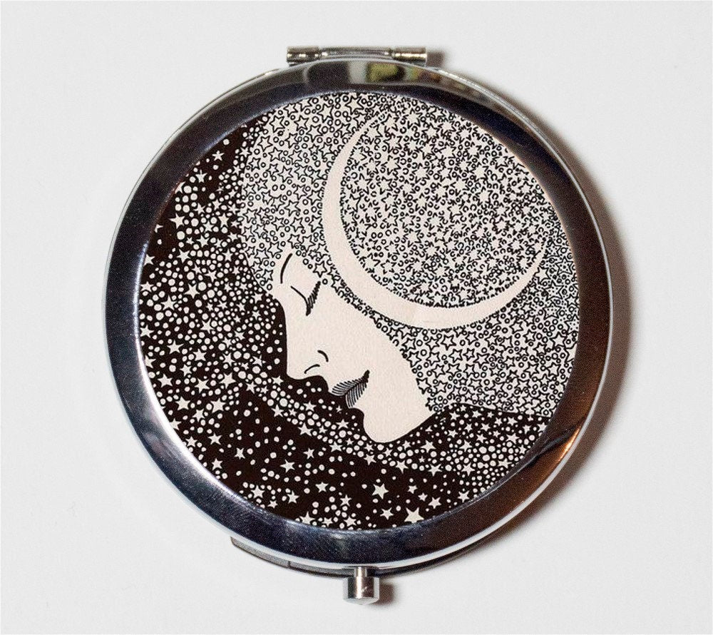 Moon Woman Compact Mirror - Celestial Lunar Goddess Crescent Moon - Make Up Pocket Mirror for Cosmetics