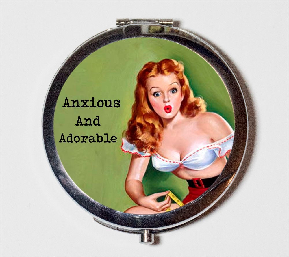 Anxious and Adorable Compact Mirror - Pin Up Girl Pinup Social Anxiety Introverts Funny Humor - Make Up Pocket Mirror for Cosmetics