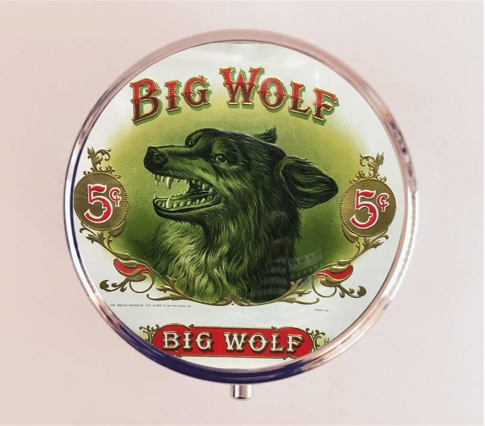 Big Wolf Pill Box Case Pillbox Holder Trinket Stash Box Image from Vintage Cigar Label