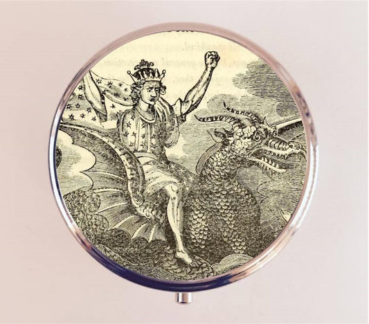 Man Riding Dragon Pill Box Case Pillbox Holder Trinket Stash Box Antique Occult Fantasy Image Mystical Dragons