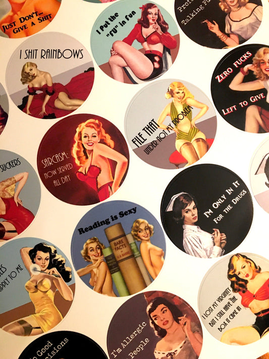 Sassy Funny Pin Up Girl Sticker Sheet - 20 Stickers Pinup Retro Humor Naughty Pulp Fiction Bad Girls Mature