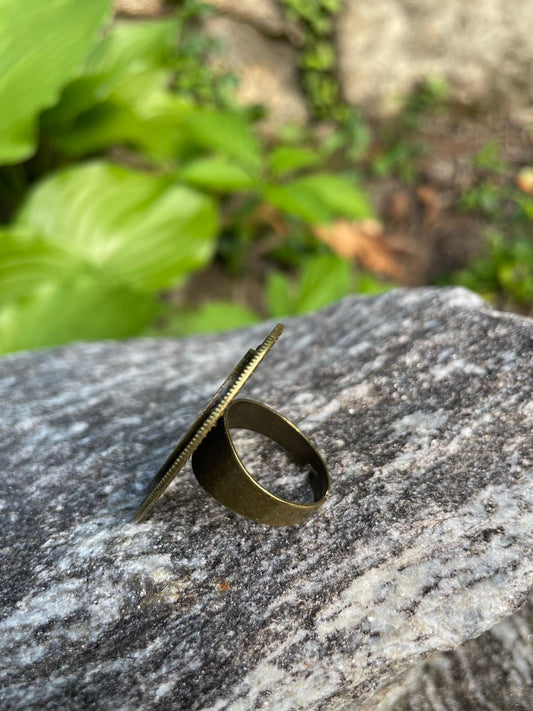 Klimt Style Moon Phases Antiqued Bronze Adjustable Ring Lunar Brass