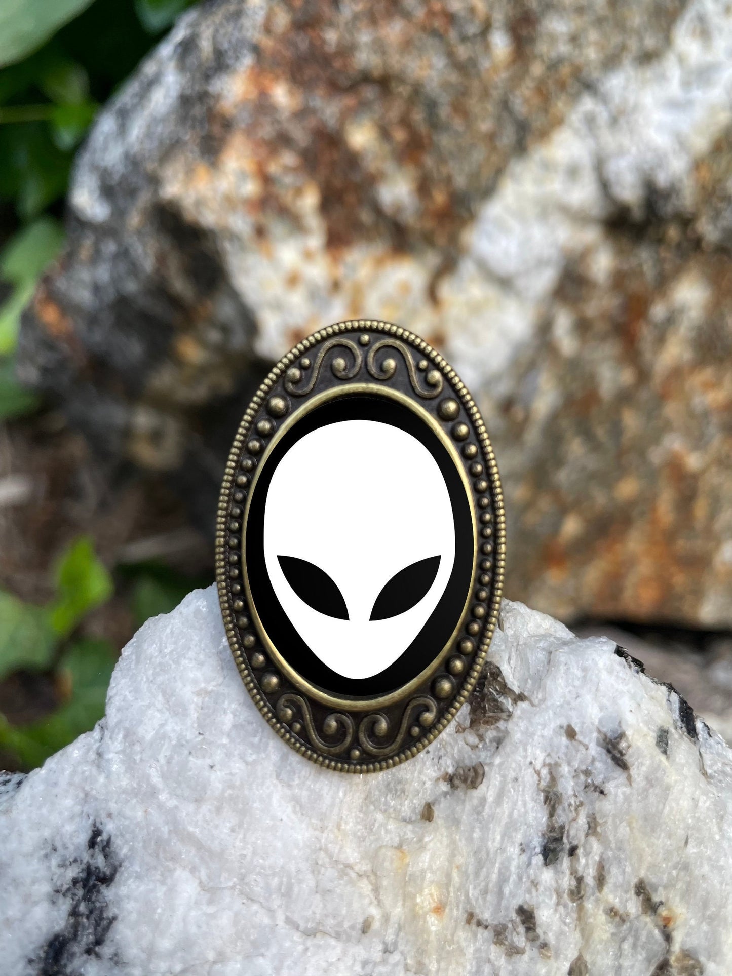 Alien Antiqued Bronze Adjustable Ring UFO UAP Extraterrestrial Brass