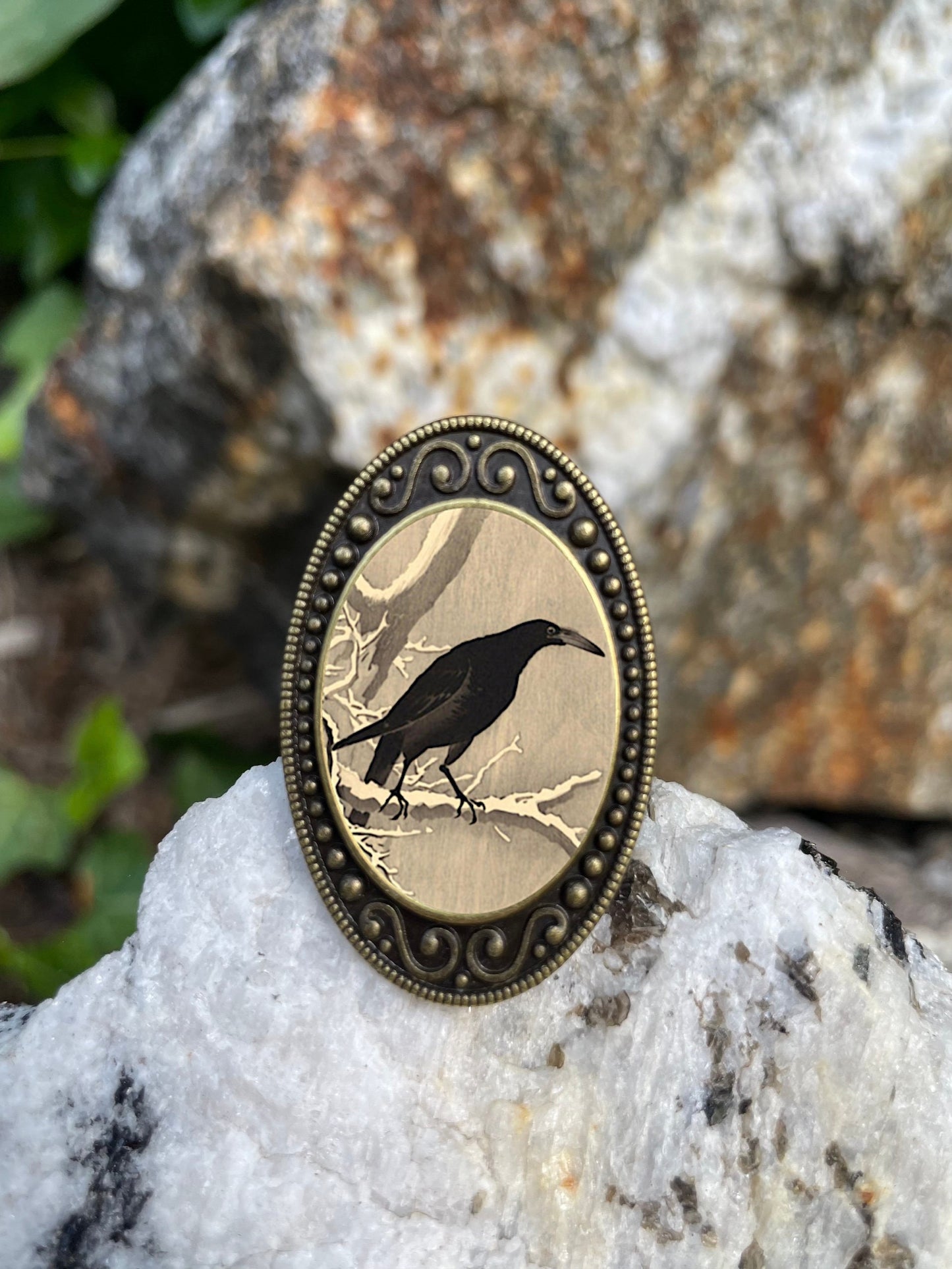 Crow Woodblock Antiqued Bronze Adjustable Ring Japanese Raven Black Bird Brass