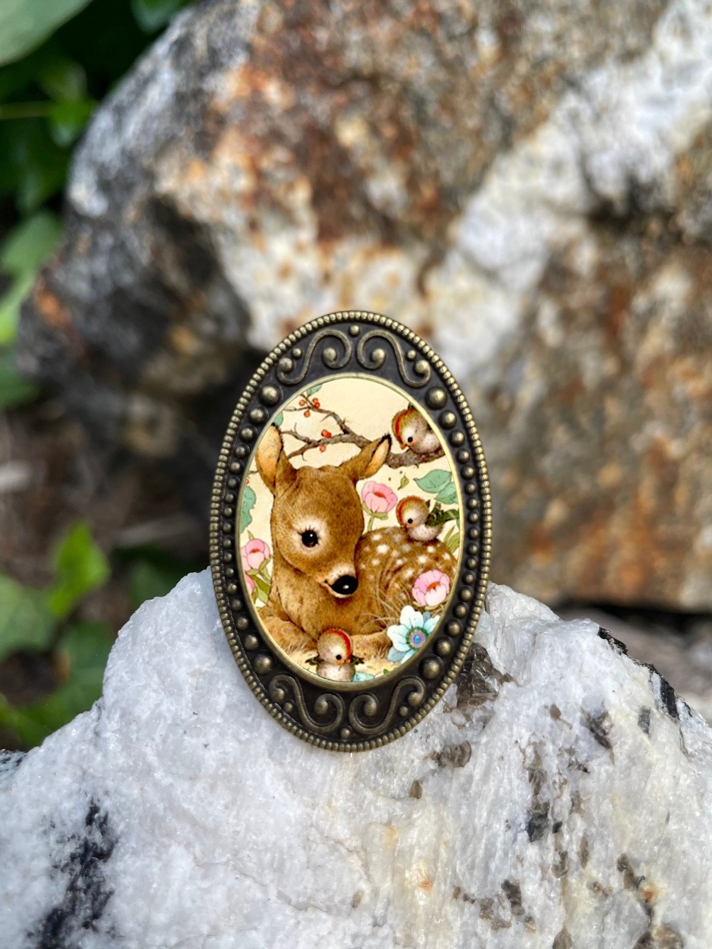 Deer and Bird Antiqued Bronze Adjustable Ring Woodland Kawaii Brass