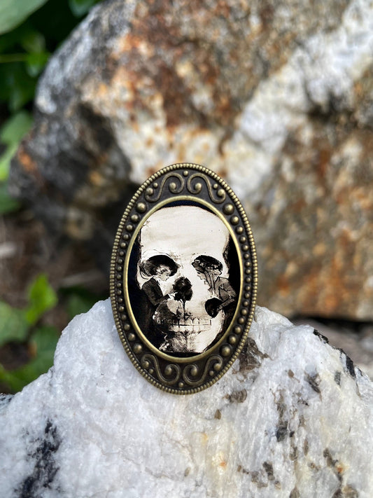 Skull Illusion Two Women Antiqued Bronze Adjustable Ring Goth Gothic Memento Mori Brass