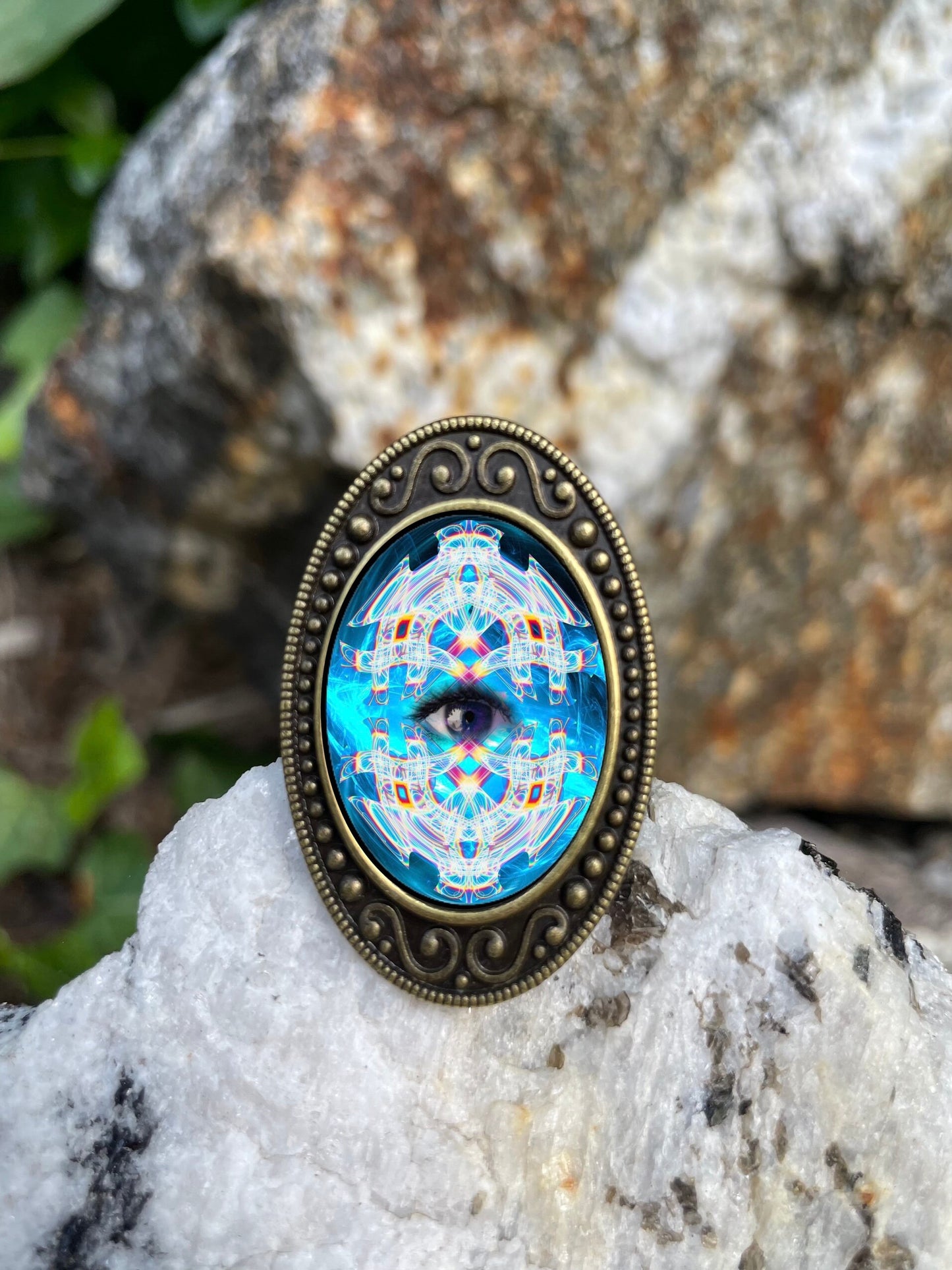 Psychedelic Eye Antiqued Bronze Adjustable Ring Trippy Third Eye Brass