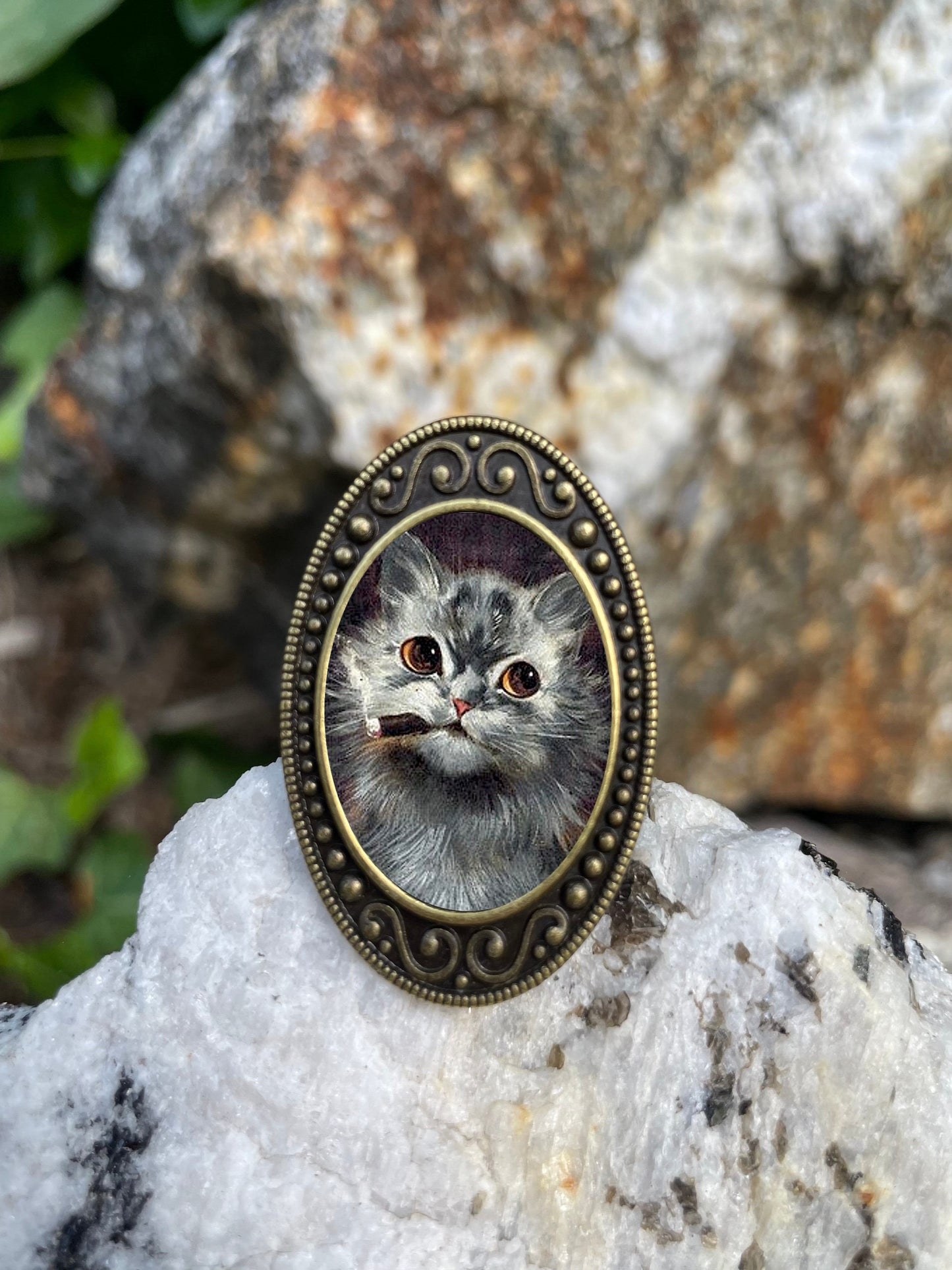 Smoking Cat Antiqued Bronze Adjustable Ring Smoker Whimsical Anthropomorphic Brass