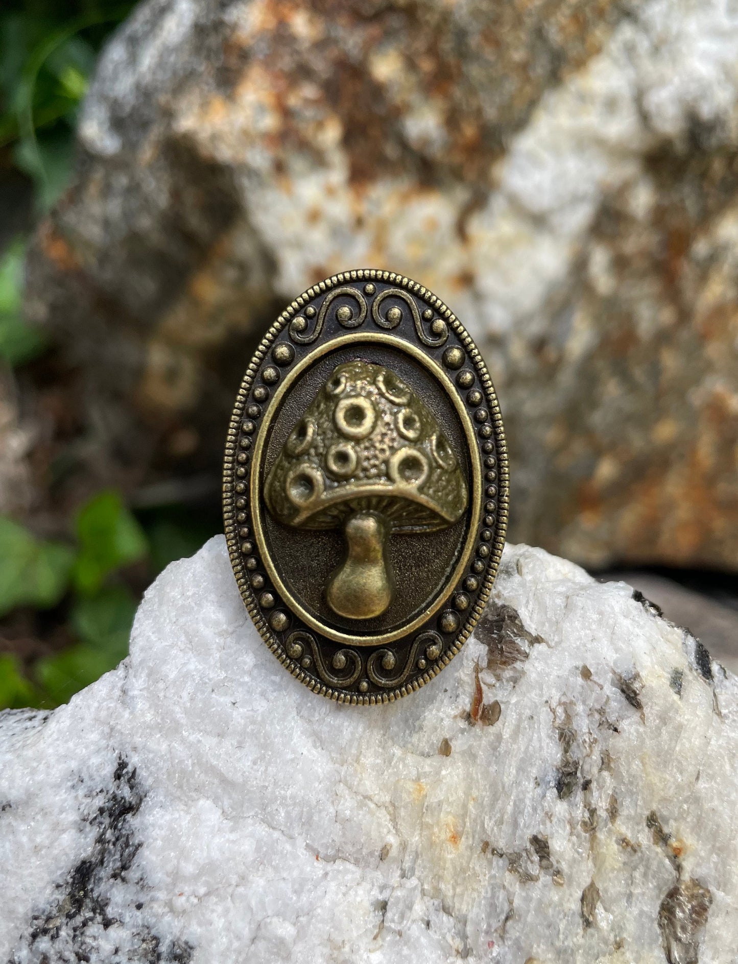 Antiqued Bronze Mushroom Adjustable Ring Mushrooms Mycology Brass