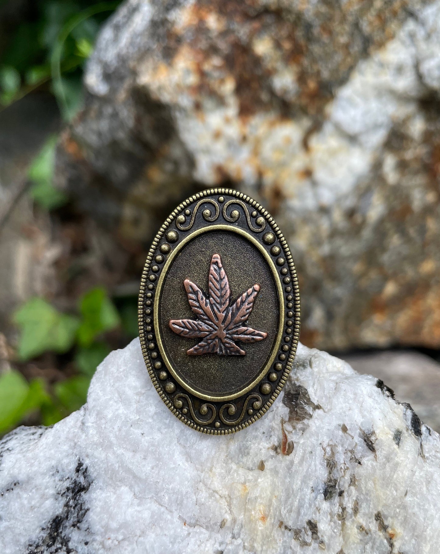 Antiqued Bronze Marijuana Leaf Adjustable Ring Cannabis Weed 420 Brass