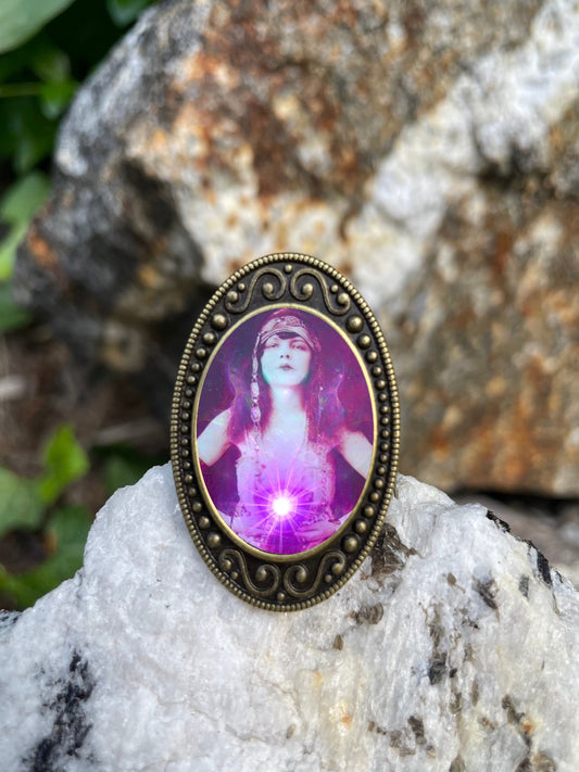 Cosmic Goddess Antiqued Bronze Adjustable Ring Psychedelic Trippy Art Deco Brass