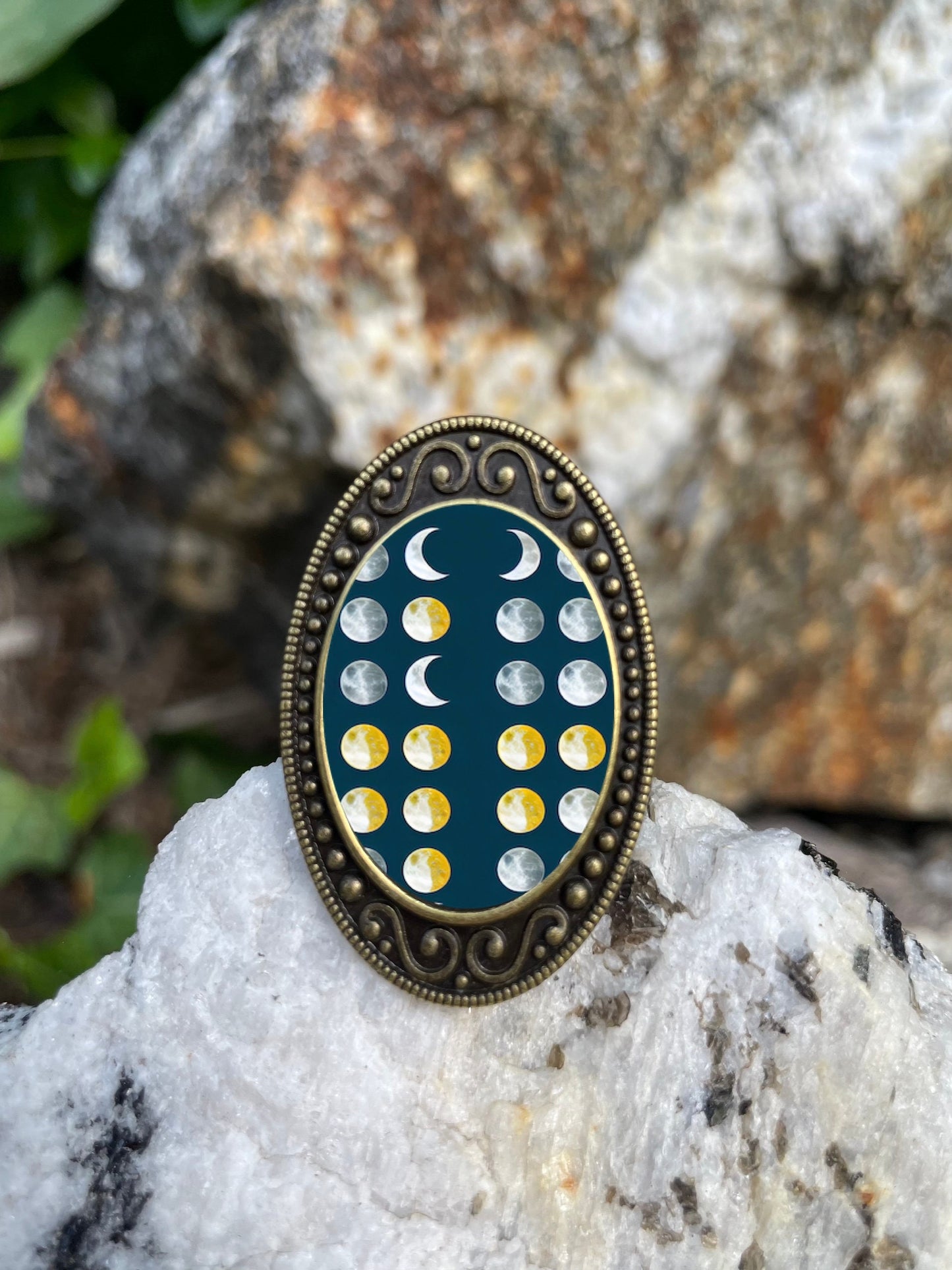 Klimt Style Moon Phases Antiqued Bronze Adjustable Ring Lunar Brass