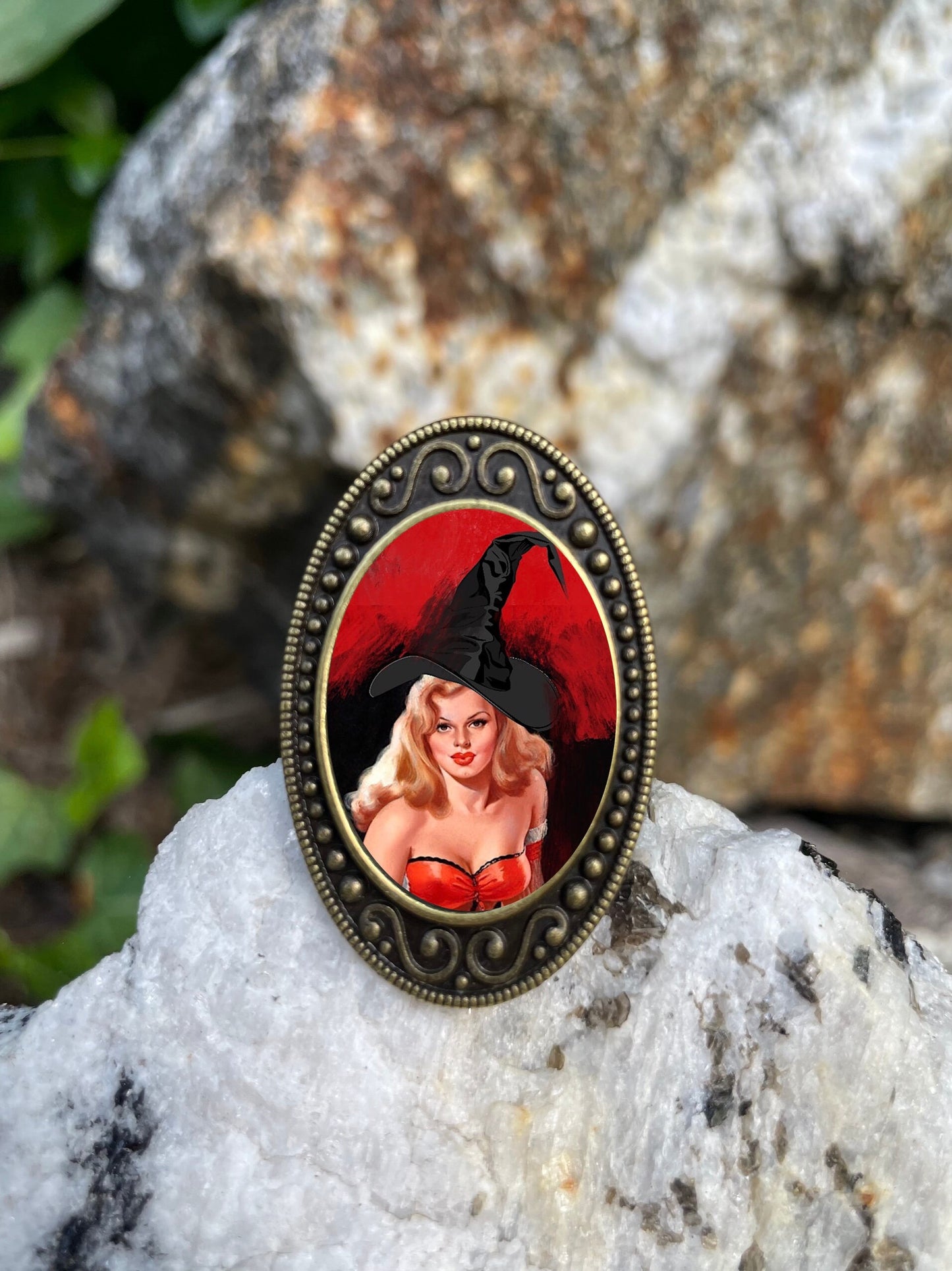 Pin Up Witch Antiqued Bronze Adjustable Ring Pinup Girl Retro Halloween Brass