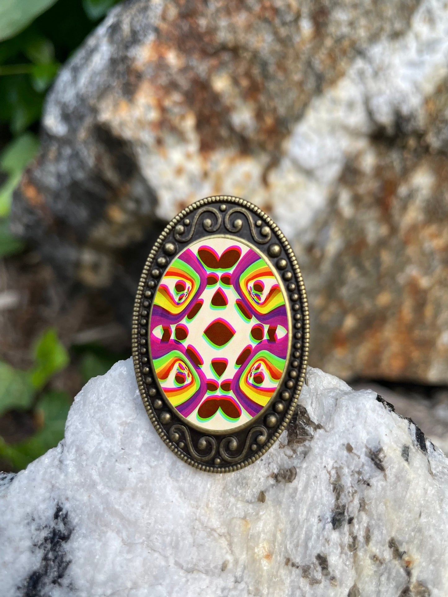 Psychedelic Op Art Pattern Ring Antiqued Bronze Adjustable Mod 60s Trippy Brass