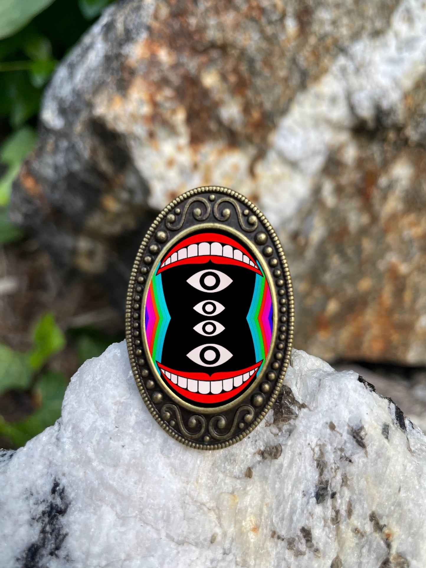 Psychedelic Eyes and Mouths Ring Antiqued Bronze Adjustable Trippy Weird Art Brass