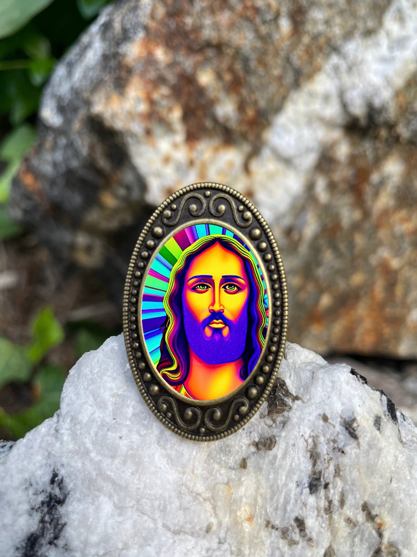 Psychedelic Jesus Ring Antiqued Bronze Adjustable Trippy Christ Brass