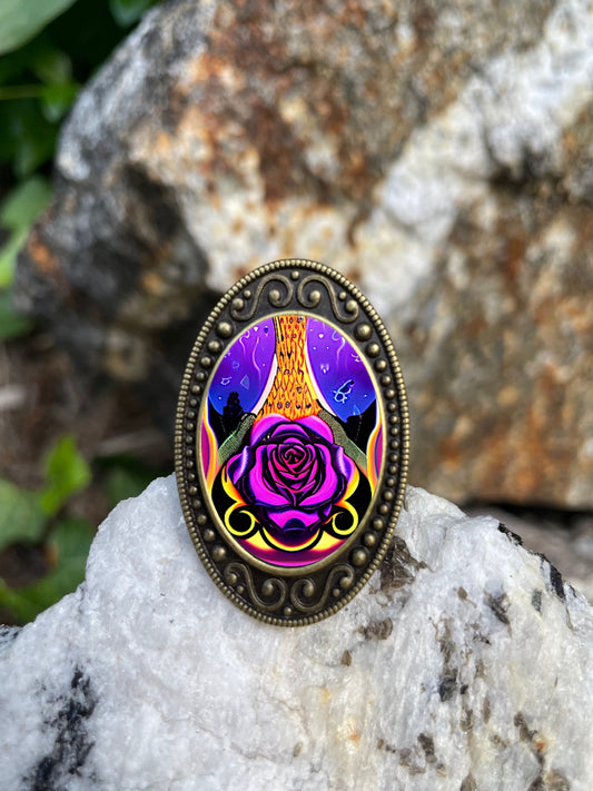 Psychedelic Rose Ring Antiqued Bronze Adjustable Trippy Flower Brass