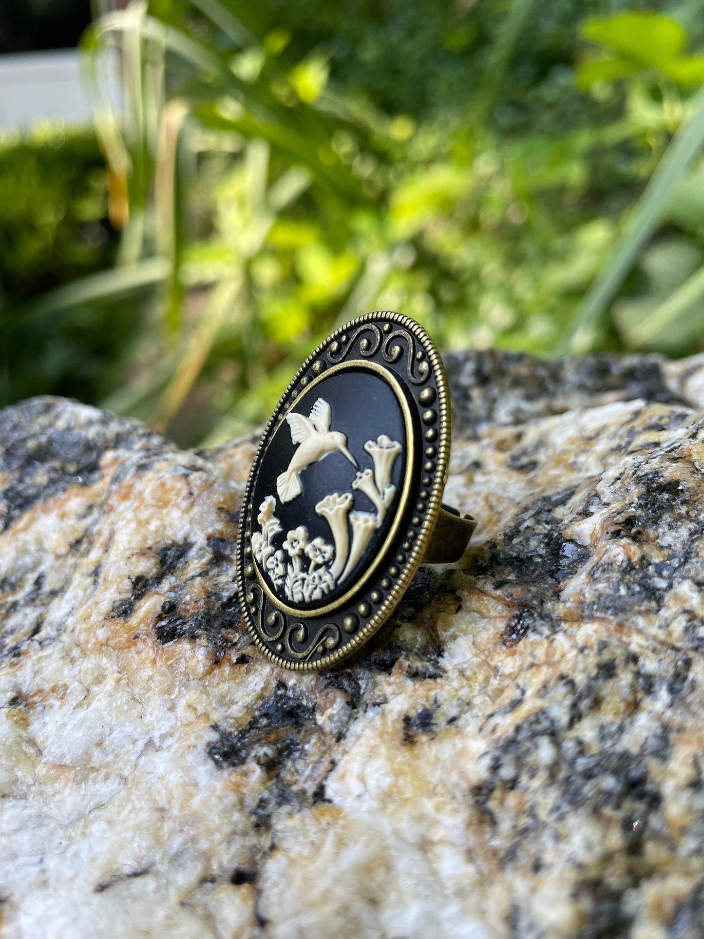 Hummingbird Flower Cameo Ring Antiqued Bronze Adjustable Bird Flowers Art Deco Nouveau Brass