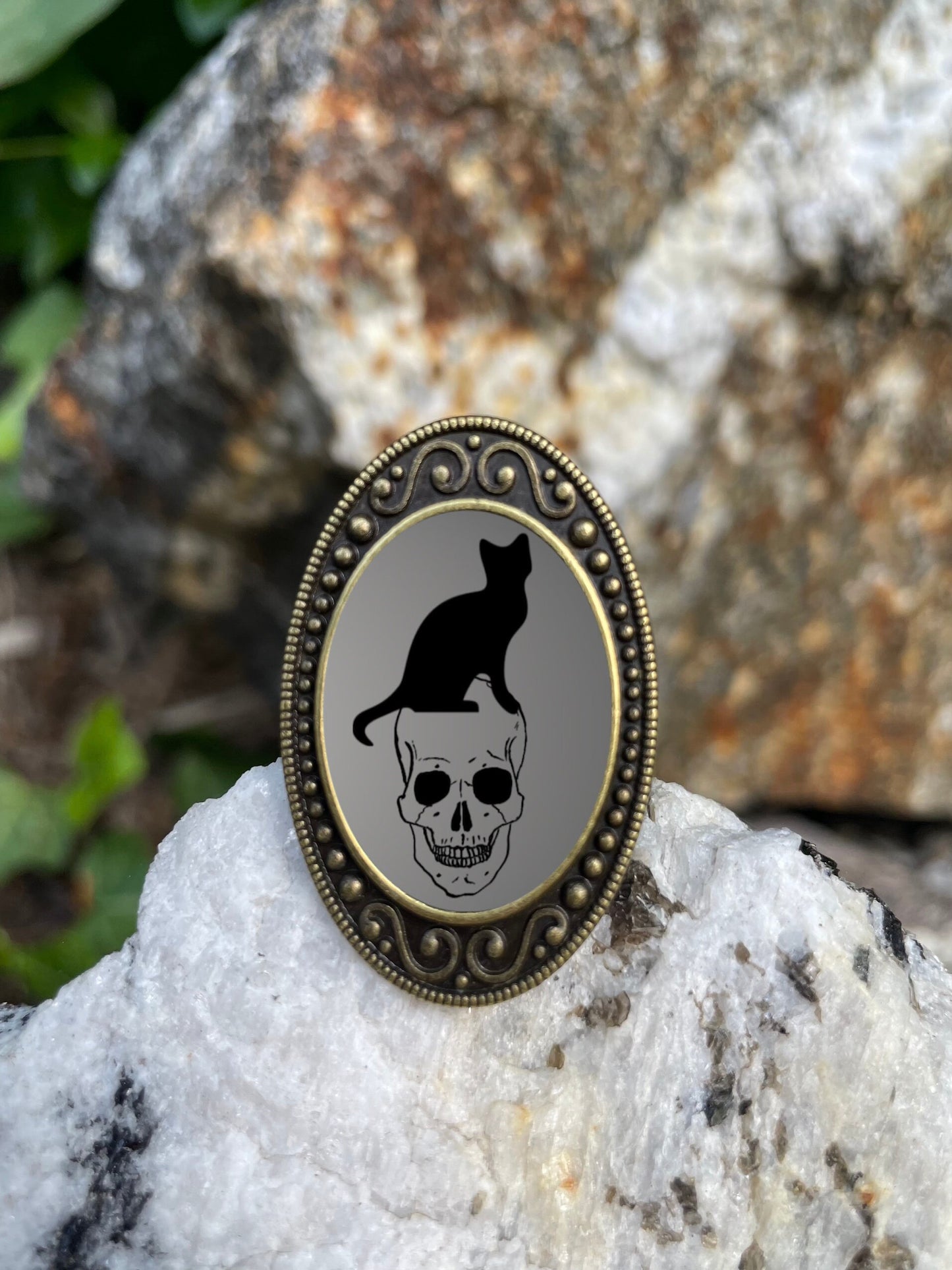 Black Cat on Skull Antiqued Bronze Adjustable Ring Skeleton Halloween Goth Spooky Brass