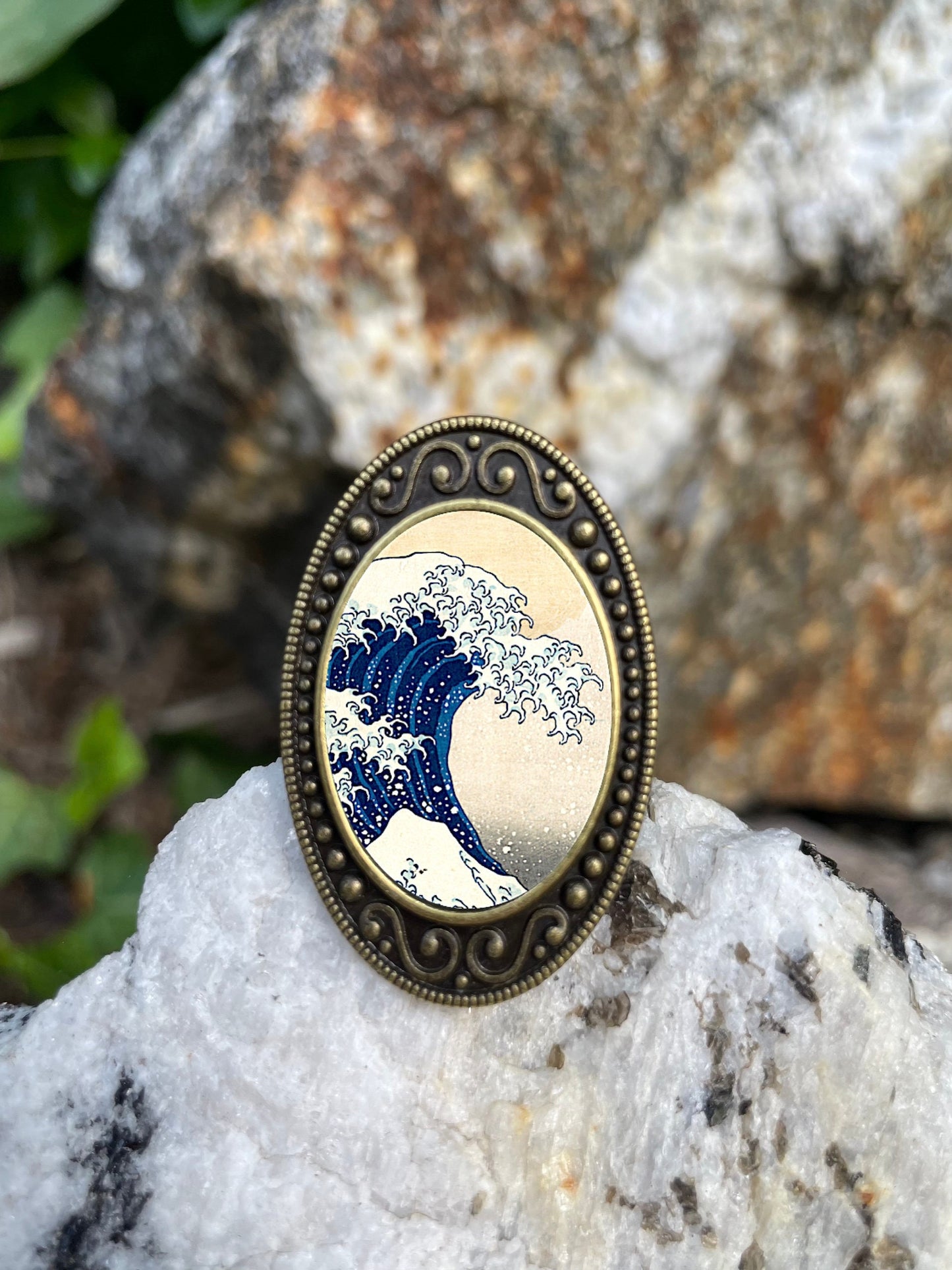 Japanese Great Wave Off Kanagawa Antiqued Bronze Adjustable Ring Hokusai Woodblock Brass