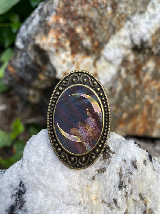 Fairy on Moon Antiqued Bronze Adjustable Ring Storybook Fairy Tale Fairytale Brass