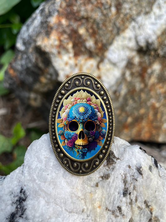 Flower Skull Antiqued Bronze Adjustable Ring Goth Memento Mori Brass