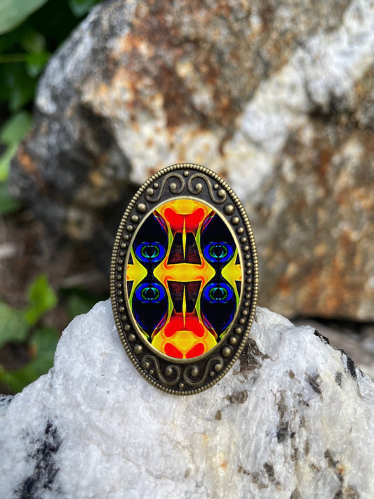 Psychedelic Art Antiqued Bronze Adjustable Ring Trippy Pattern Brass