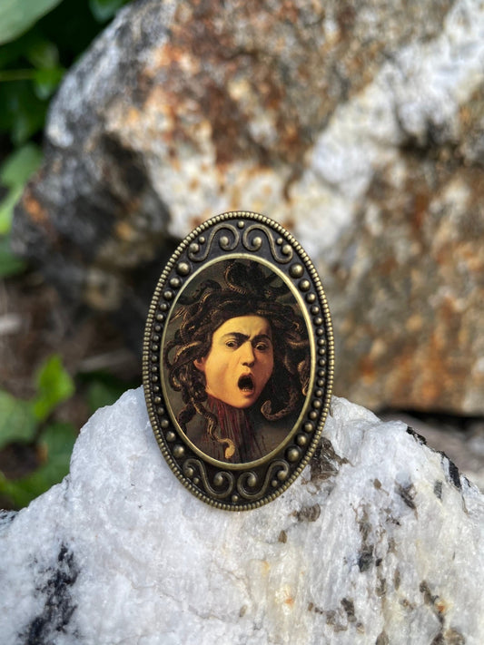 Medusa Antiqued Bronze Adjustable Ring Fine Art Painting Caravaggio Greek Myth Brass