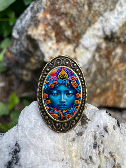 Mother Earth Antiqued Bronze Adjustable Ring Nature Goddess Plants Flowers Trippy Psychedelic Brass