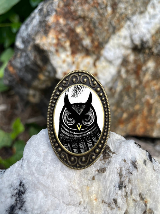 Woodcut Owl Antiqued Bronze Adjustable Ring Wood Cut Bird Brass