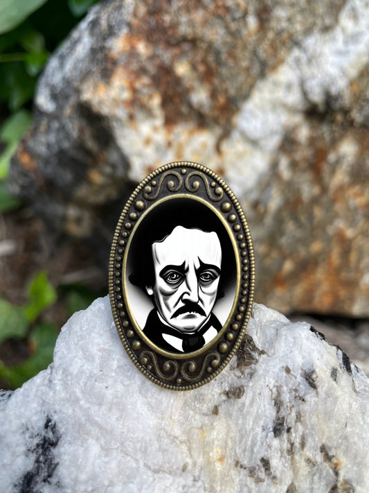 Edgar Allan Poe Antiqued Bronze Adjustable Ring Goth Spooky Raven Macabre Author Literature Brass