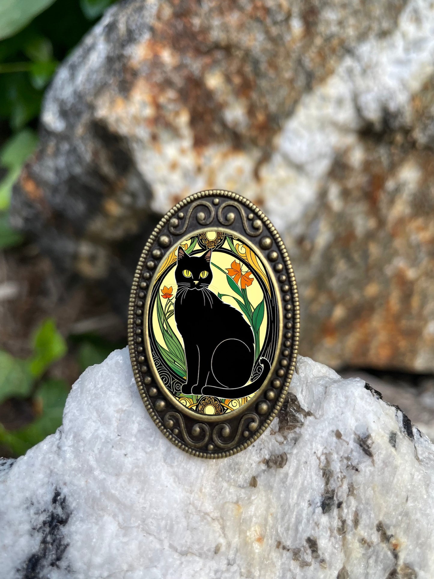 Art Nouveau Black Cat Antiqued Bronze Adjustable Ring Art Deco Brass