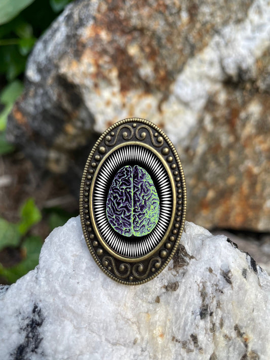 Trippy Brain Antiqued Bronze Adjustable Ring Psychedelic Brass