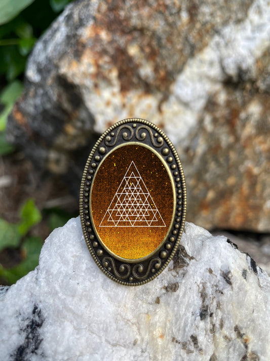 Golden Triangle Antiqued Bronze Adjustable Ring Psychedelic Mystical Trippy Brass