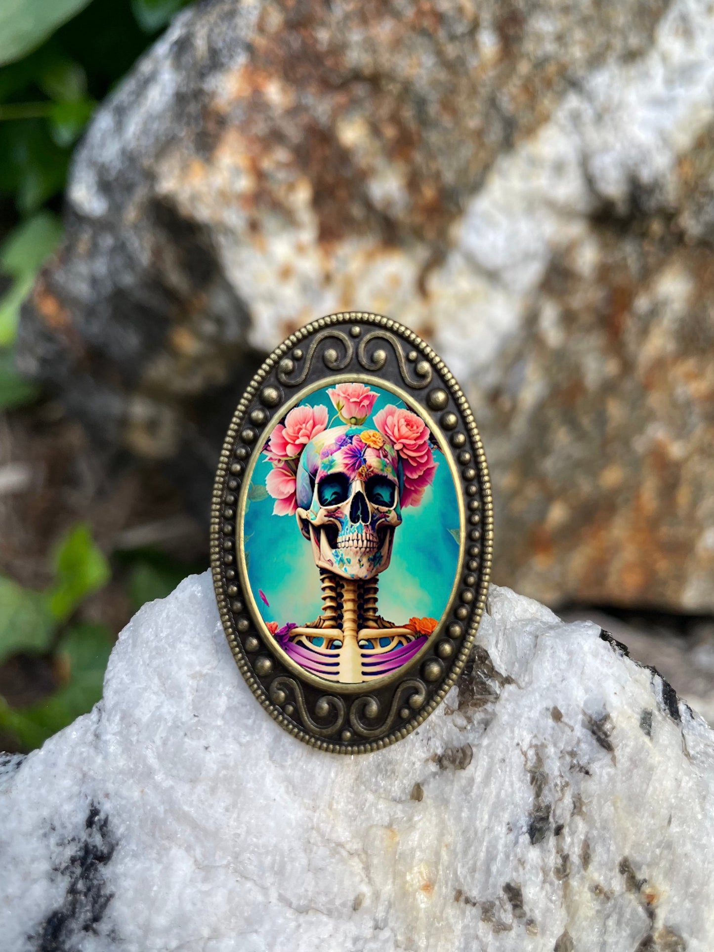 Skull Flowers Antiqued Bronze Adjustable Ring Day of the Dead Brass