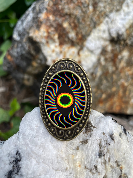 Psychedelic Art Eye Ring Antiqued Bronze Adjustable Trippy Swirly Rainbow Brass