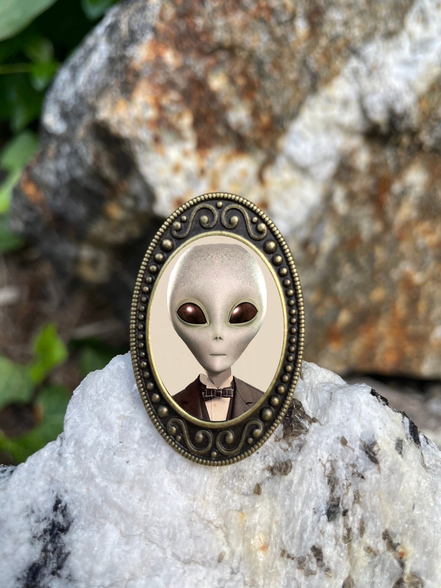 Victorian Alien Man Ring Antiqued Bronze Adjustable Surrealism UFO Brass